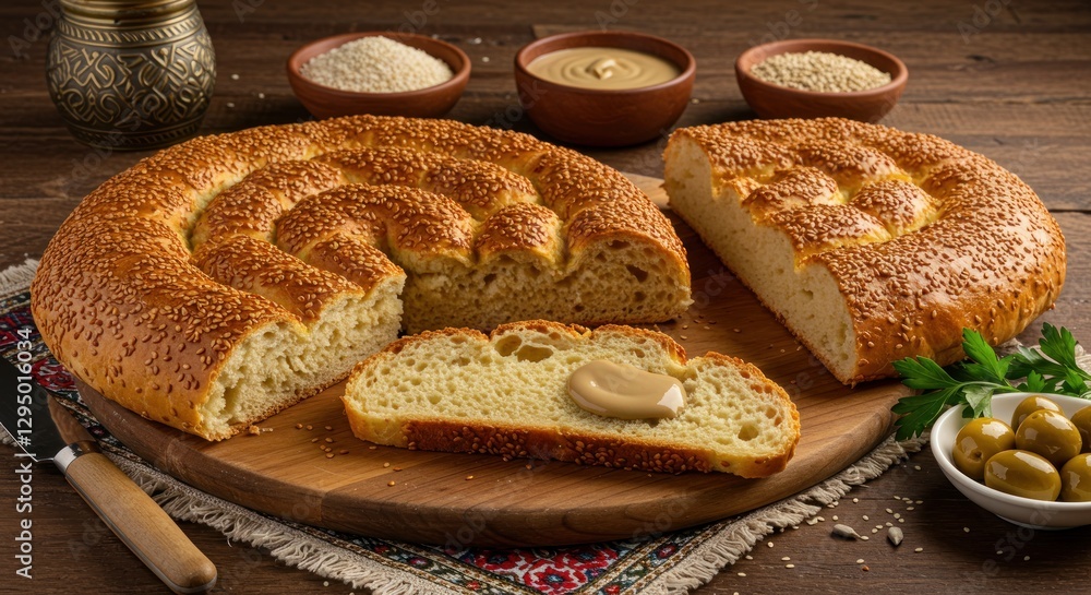 Naklejka premium Delicious Traditional Bread with Tahini Spread