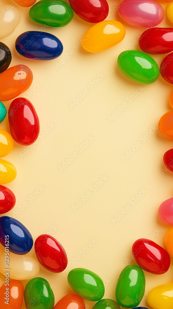 Shiny jelly beans border on beige with text space
