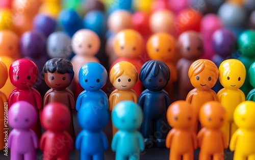 Diverse, colorful figurines standing in unity, representing inclusion, equal opportunity, supportive workplace, workforce advocacy, inclusive policies, and workplace diversity