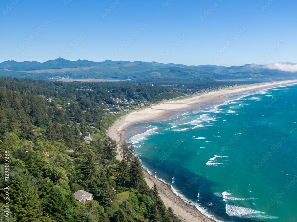 Coastal Oregon Neahkahine Beach nestled between mountains and ocean. Houses line the beach, waves crash on the shore. Beautiful scenery. Oregon, USA Coastal Oregon Neahkahine Beach nestled between mountains and ocean. Houses line the beach, waves crash on the shore. Beautiful scenery. Oregon, USA