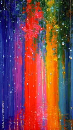 Vibrant Abstract Vector Art with Colorful Textured Rainbow Waterfall Featuring Blue Green Red Yellow Pink Streaks and Realistic Water Droplets