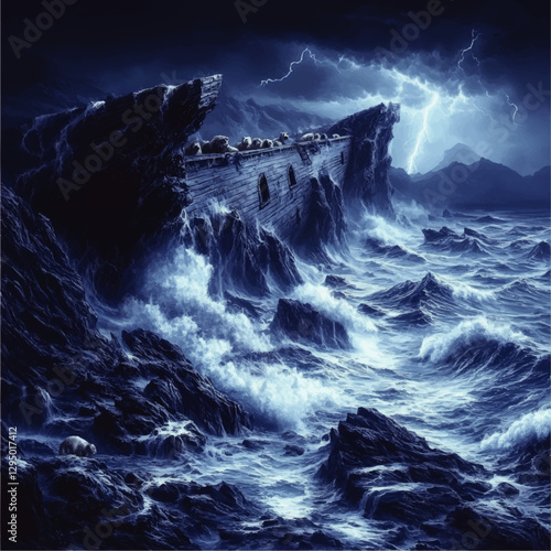 Dramatic Vector Art of Noah's Ark in Stormy Sea; Lightning, Waves, Animals and Dark Mountains in Surreal Landscape Illustration for Religious and Fantasy Themes