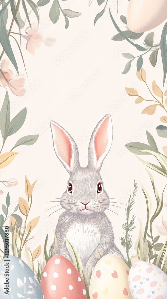 Easter illustration of a rabbit with decorated eggs