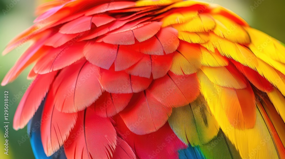 Obraz premium A parakeet's colorful feathers in close-up with blurred indoor light and clear copy space for designs.
