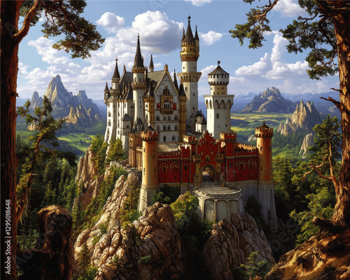 Majestic Fairytale Castle in Lush Mountain Landscape Surrounded by Forest and Rocky Peaks Under Blue Sky with Fluffy Clouds - Digital Vector Art Illustration