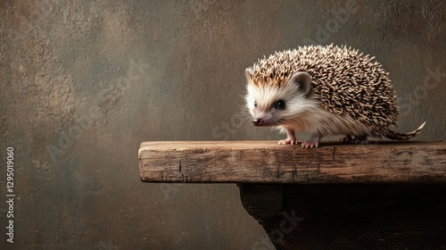 A small hedgehog exploring a wooden platform with soft shadows and ample space around for creative use.