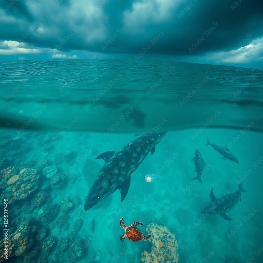 Obraz premium Pristine Plastic-Free Ocean with Vibrant Marine Life and Coral Reefs