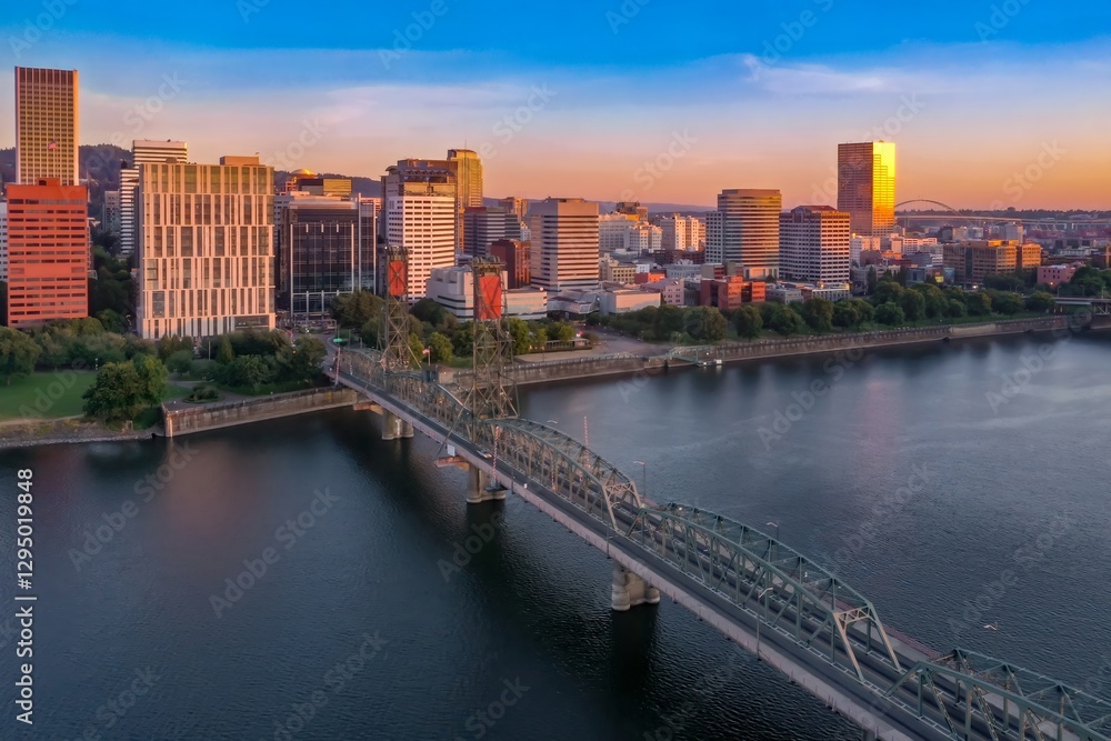 Portland, Oregon skyline at sunset, with the Hawthorne Bridge spanning the Willamette River. Cityscape, bridge, and golden hour light. Hawthorne Bridge, Oregon, USA Portland, Oregon skyline at sunset, with the Hawthorne Bridge spanning the Willamette River. Cityscape, bridge, and golden hour light. Hawthorne Bridge, Oregon, USA