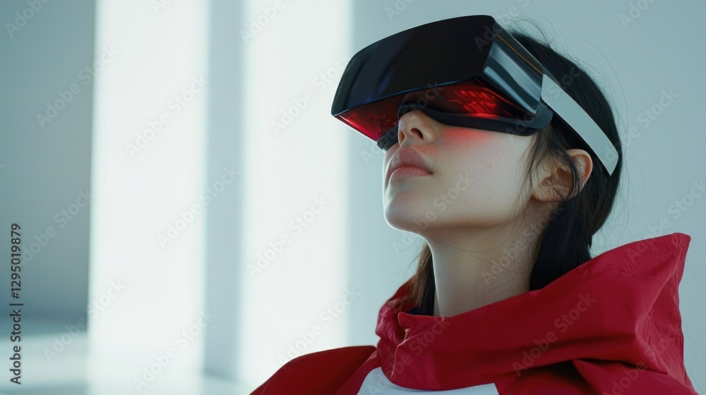 Woman wearing VR headset, experiencing immersive virtual reality. Woman wearing VR headset, experiencing immersive virtual reality.
