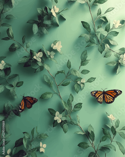 Elegant vector illustration of monarch butterflies fluttering among lush greenery and delicate white flowers on a teal background, perfect for nature lovers