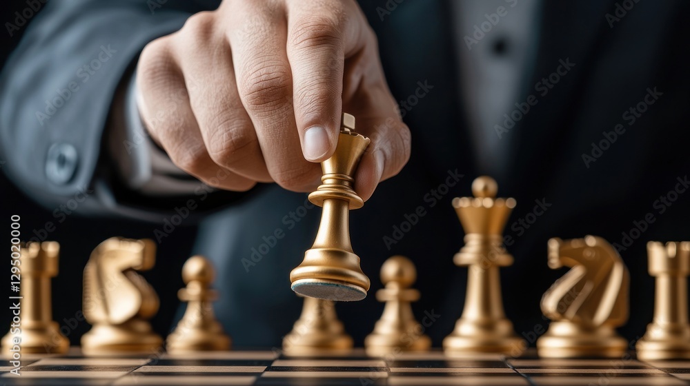 Close-up of hand moving gold chess queen. Close-up of hand moving gold chess queen.