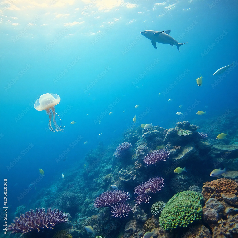 Fototapeta premium Pristine Plastic-Free Ocean with Vibrant Marine Life and Coral Reefs