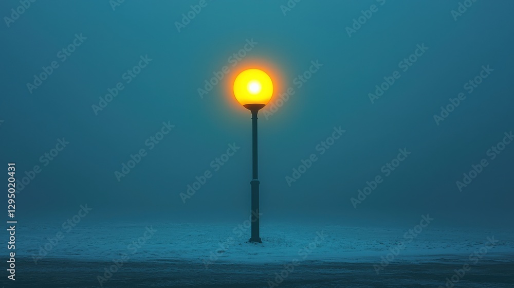 Mysterious Foggy Night with Illuminated Street Lamp in Winter Landscape Mysterious Foggy Night with Illuminated Street Lamp in Winter Landscape