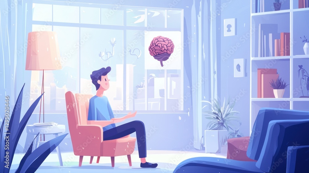 Fototapeta premium Man sits in armchair, contemplating a floating brain in a modern living room.