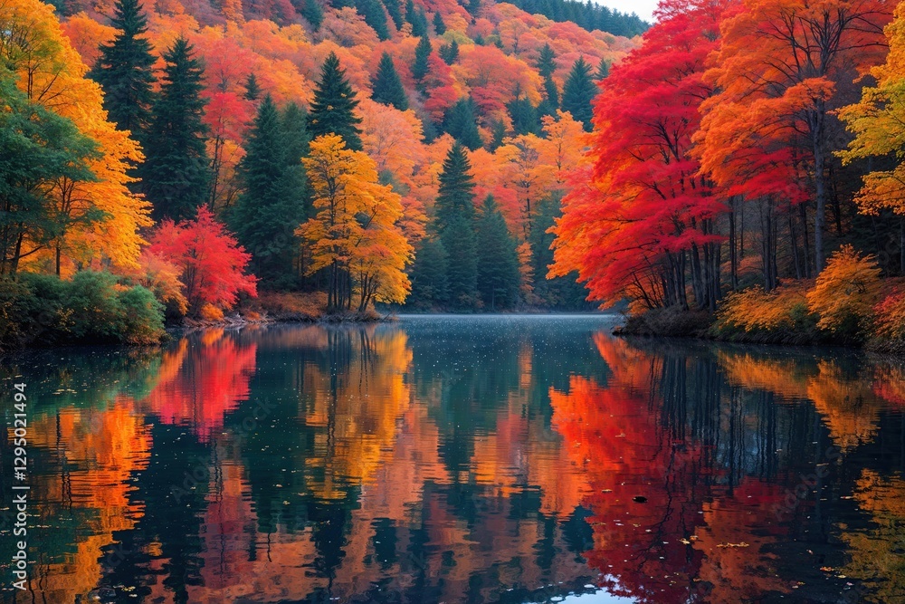 Obraz premium Serene Lake Framed by Colorful Autumn Leaves and Stunning Reflections
