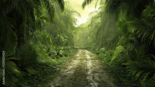 Lush green pathway through dense tropical forest during a misty morning surrounded by vibrant foliage and towering trees © Anastasia Knyazeva
