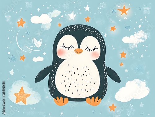 Sleepy penguin, night sky, stars, clouds, children's illustration