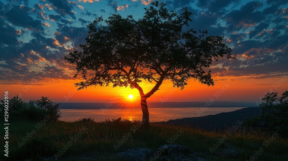 Stunning Sunset Silhouette of Lone Tree Overlooking Calm Lake Landscape Stunning Sunset Silhouette of Lone Tree Overlooking Calm Lake Landscape