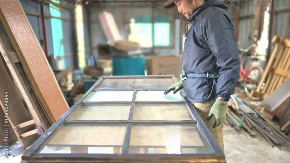 DIYで窓の修理をする男性 DIYで窓の修理をする男性
