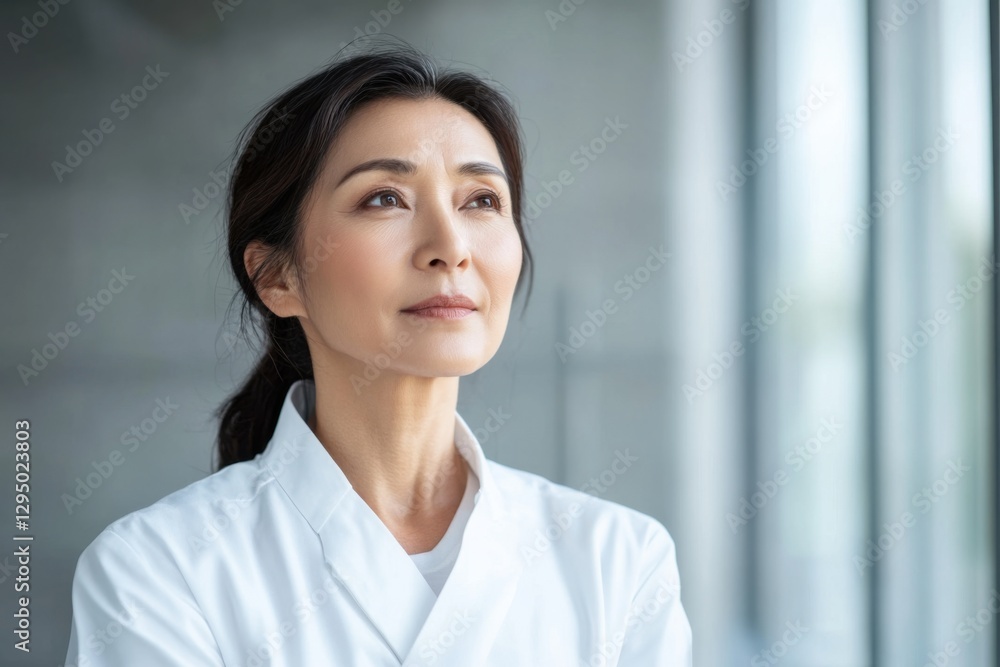 Contemplative Asian Woman in White Coat Contemplative Asian Woman in White Coat