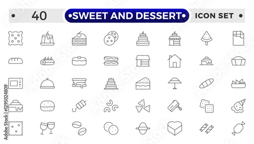 Sweet and Dessert outline icon set Containing Honey Jar, Toffee, Swirl, Birthday Cake, Chocolate Bar, Piece Of Cake, Cookie, Donuts, Cake Slice, Brigadeiro, Cotton Candy, Wafer and Honey icons.