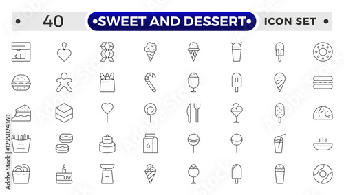 Sweet and Dessert outline icon set Containing Honey Jar, Toffee, Swirl, Birthday Cake, Chocolate Bar, Piece Of Cake, Cookie, Donuts, Cake Slice, Brigadeiro, Cotton Candy, Wafer and Honey icons.