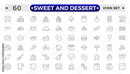 Sweet and Dessert outline icon set Containing Honey Jar, Toffee, Swirl, Birthday Cake, Chocolate Bar, Piece Of Cake, Cookie, Donuts, Cake Slice, Brigadeiro, Cotton Candy, Wafer and Honey icons.