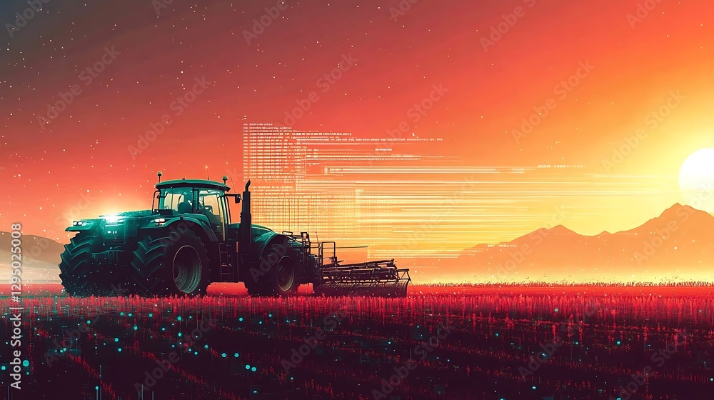 Fototapeta premium Smart farming tractor sunset field