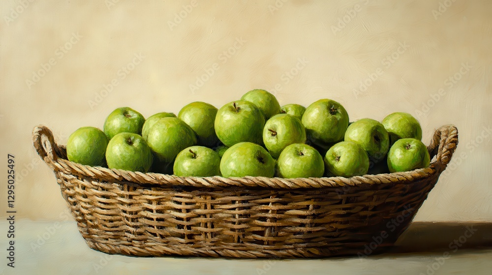 Fresh Green Apples in Woven Basket with Simple Background Fresh Green Apples in Woven Basket with Simple Background