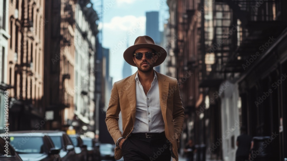 Fototapeta premium Man strolling NYC street, sunny day