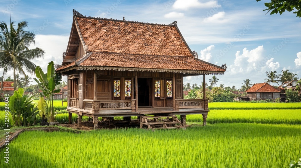 Traditional Wooden House in Lush Green Rice Paddy Field under a Blue Sky Traditional Wooden House in Lush Green Rice Paddy Field under a Blue Sky