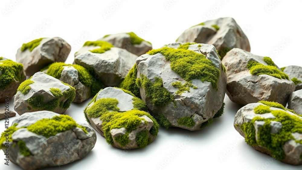 Set of various realistic natural rocks with green moss around isolated on transparent background Set of various realistic natural rocks with green moss around isolated on transparent background