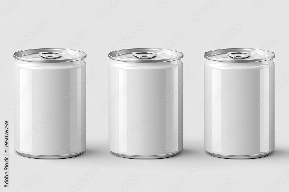 Realistic Blank Glossy White Metal Tin Can Packaging Set for Canned Food on White Background. Generative AI Realistic Blank Glossy White Metal Tin Can Packaging Set for Canned Food on White Background. Generative AI