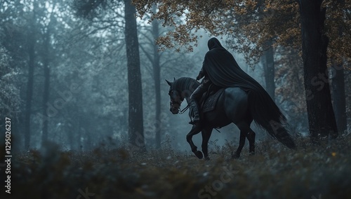 Wallpaper Mural Hooded rider on black horse in misty forest. Torontodigital.ca