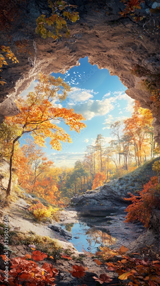Autumnal Forest Viewed Through Cave Opening Autumnal Forest Viewed Through Cave Opening