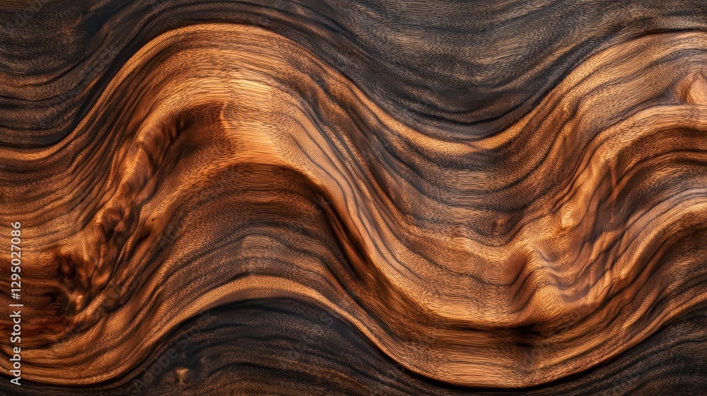 A close-up view of a rich, textured wood surface featuring an intricate, wavy grain pattern throughout. A close-up view of a rich, textured wood surface featuring an intricate, wavy grain pattern throughout.