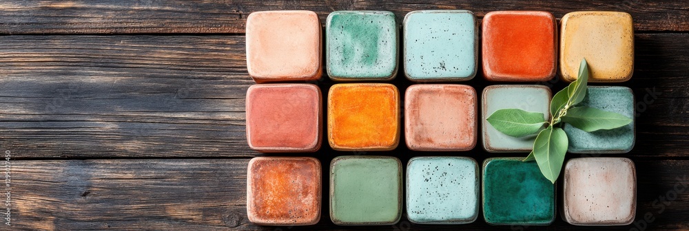 Geometric blocks in earth tones arranged on wood with ample space for text