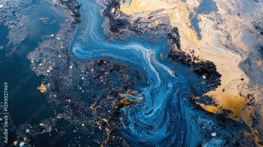 Oil slick creating swirling patterns on water surface with contrasting colors observed in a coastal area under bright sunlight during the afternoon Oil slick creating swirling patterns on water surface with contrasting colors observed in a coastal area under bright sunlight during the afternoon