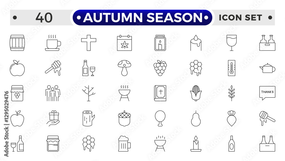 Autumn season outline Icons set. Collection of fall related objects, plants and animals, holidays, celebrations. Autumn season outline Icons set. Collection of fall related objects, plants and animals, holidays, celebrations.