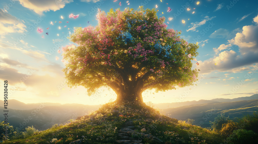Enchanted Tree on Hilltop: A vibrant, blossoming tree atop a gentle hill, radiating an aura of magic and serenity under a clear, blue sky with scattered clouds. Enchanted Tree on Hilltop: A vibrant, blossoming tree atop a gentle hill, radiating an aura of magic and serenity under a clear, blue sky with scattered clouds.
