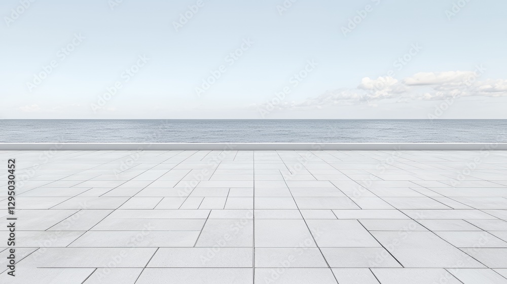 Seascape with Calm Ocean and Clear Sky Over White Tile Floor Seascape with Calm Ocean and Clear Sky Over White Tile Floor