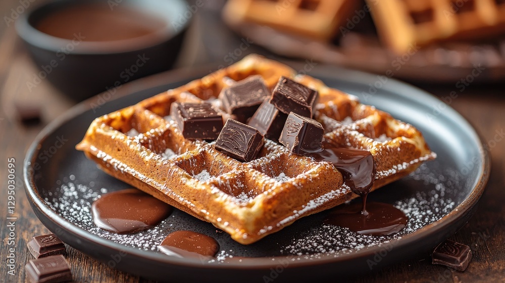 Delicious waffle topped with chocolate chunks and drizzled with melted chocolate on a wooden table Delicious waffle topped with chocolate chunks and drizzled with melted chocolate on a wooden table