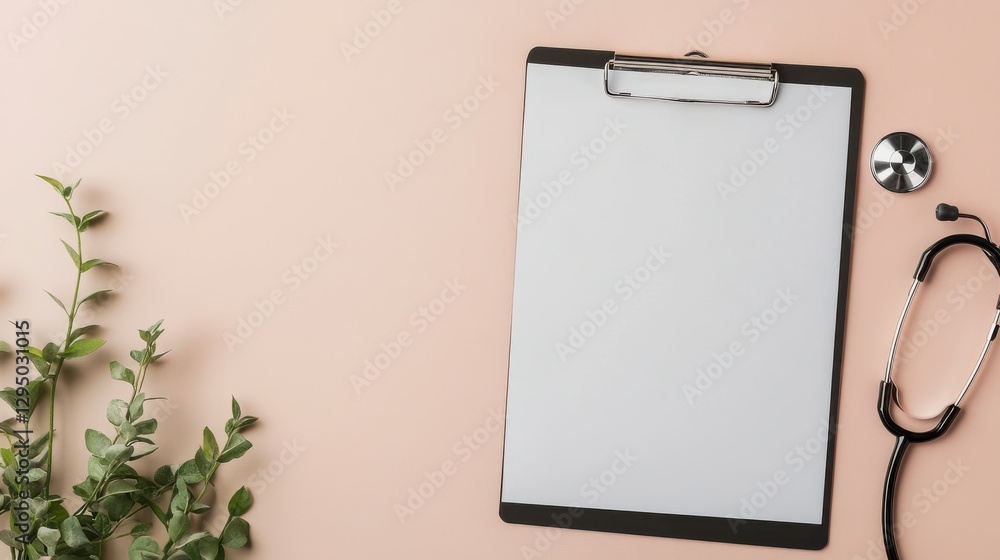 Medical Clipboard with Blank Paper and Stethoscope on Pink Surface Medical Clipboard with Blank Paper and Stethoscope on Pink Surface