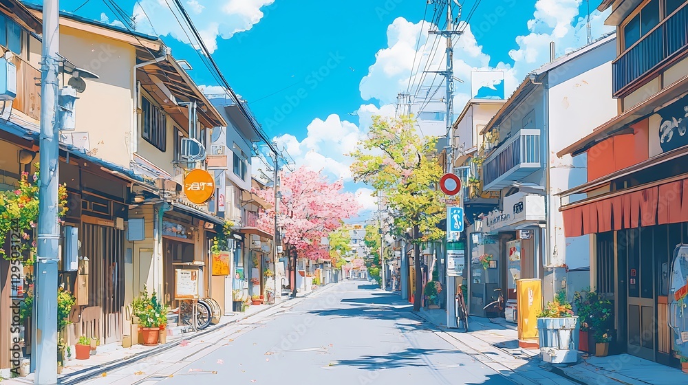 Obraz premium Sunny street, cherry blossoms, Japan, travel