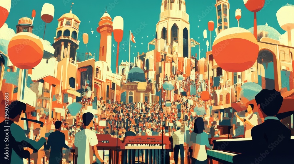Vibrant festival scene with a lively crowd enjoying a concert in a colorful cityscape Vibrant festival scene with a lively crowd enjoying a concert in a colorful cityscape