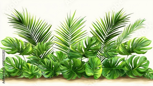 Lush tropical foliage featuring a variety of vibrant green leaves against a light background