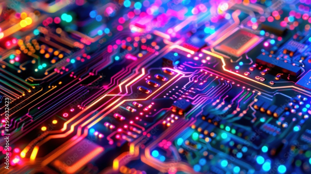 Vibrant Circuit Board Close-Up with Colorful LEDs Vibrant Circuit Board Close-Up with Colorful LEDs