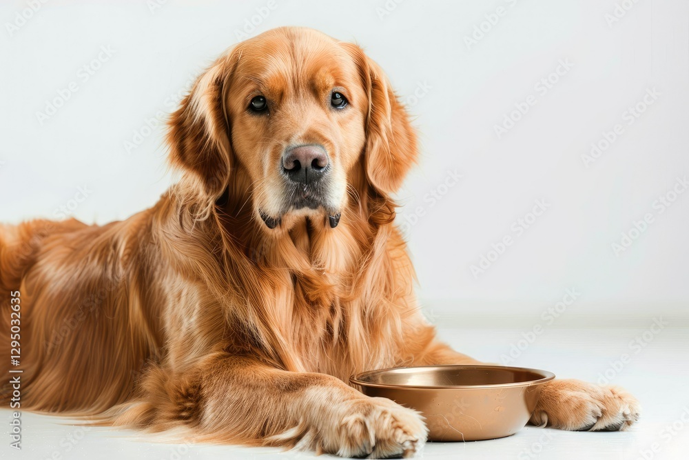 Ultra Hd Visual of Golden Retriever Dog with Bowl Isolated on White Ultra Hd Visual of Golden Retriever Dog with Bowl Isolated on White