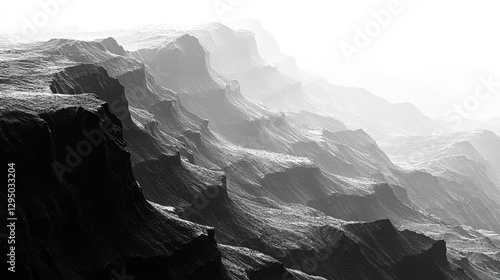 Dramatic black and white landscape showcasing rugged mountain ridges with misty background