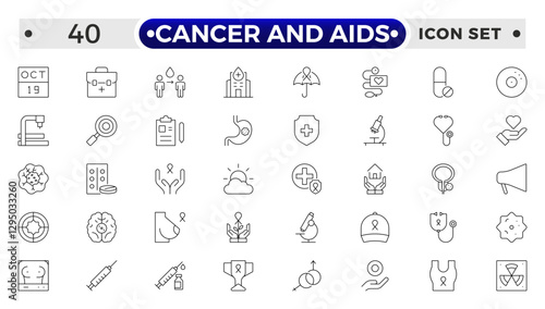 Cancer and AIDS icon set. Containing tumor, oncology, chemotherapy, biopsy, radiotherapy, ribbon, breast cancer, remission and more.